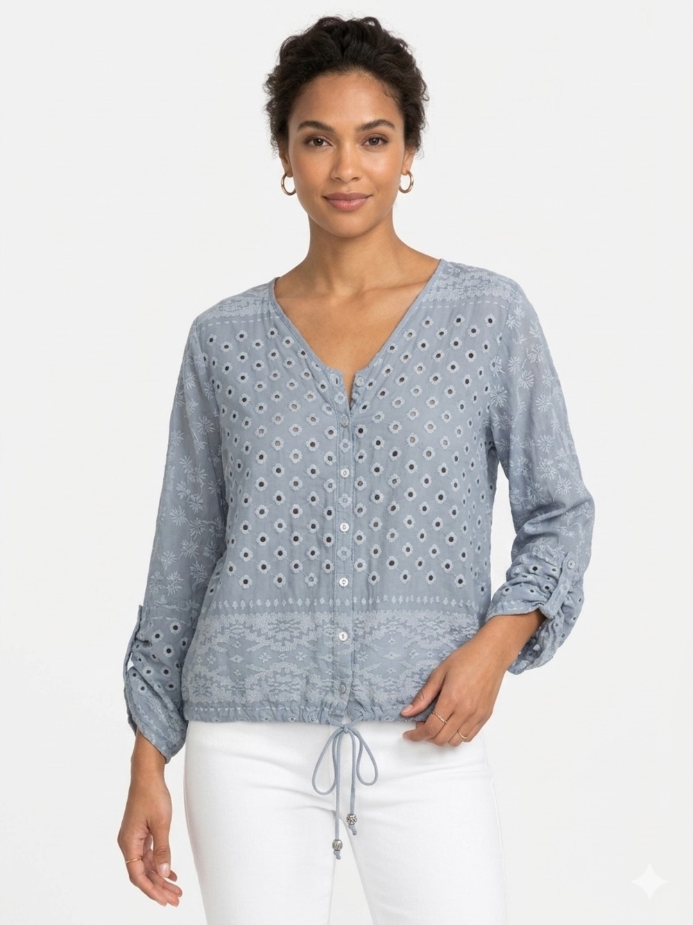 Johnny Was Blue Eyelet Lace Drawstring Blouse - Large